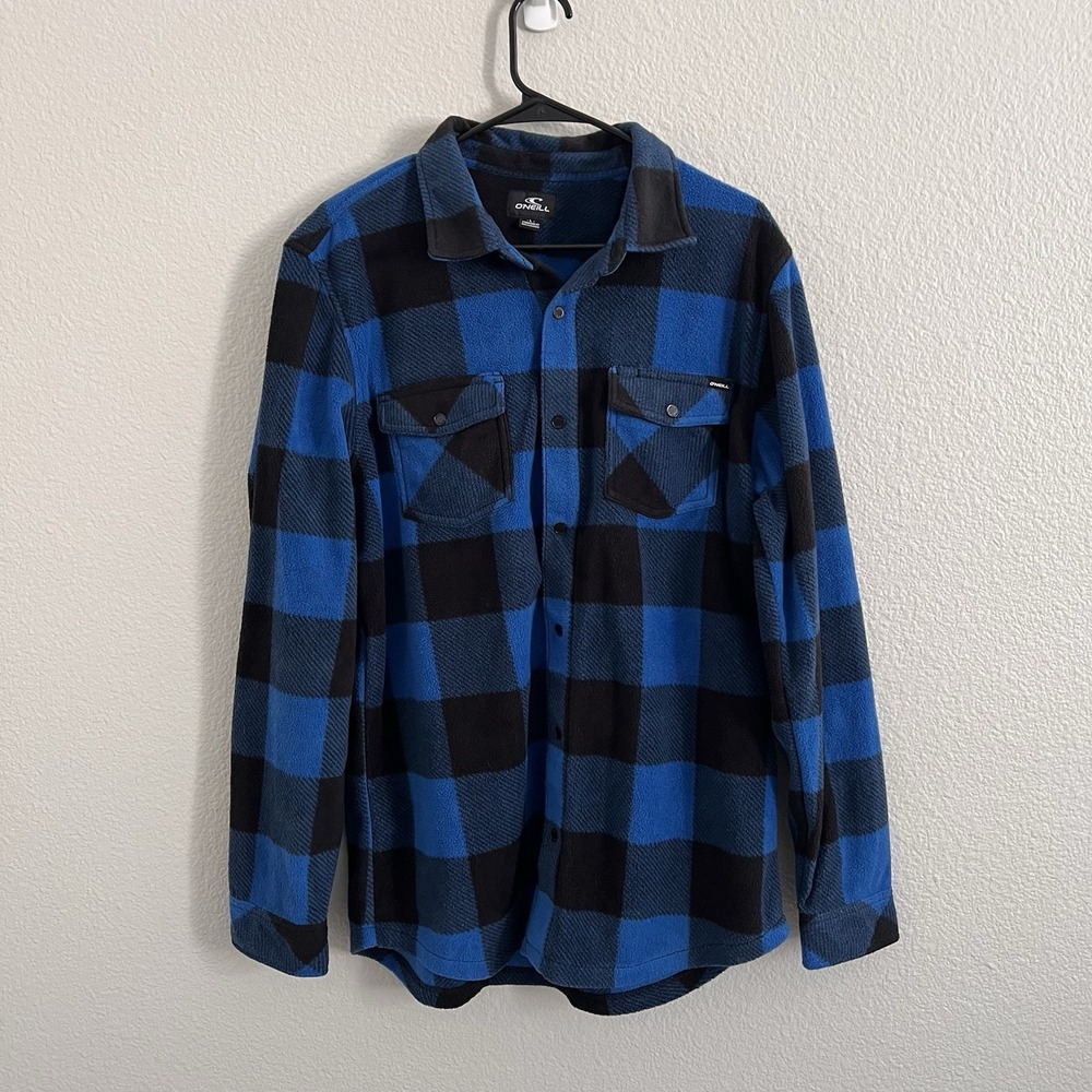 O'Neill Men's Large Button Shirt Flannel Plaid Skater Black Blue Snap Button